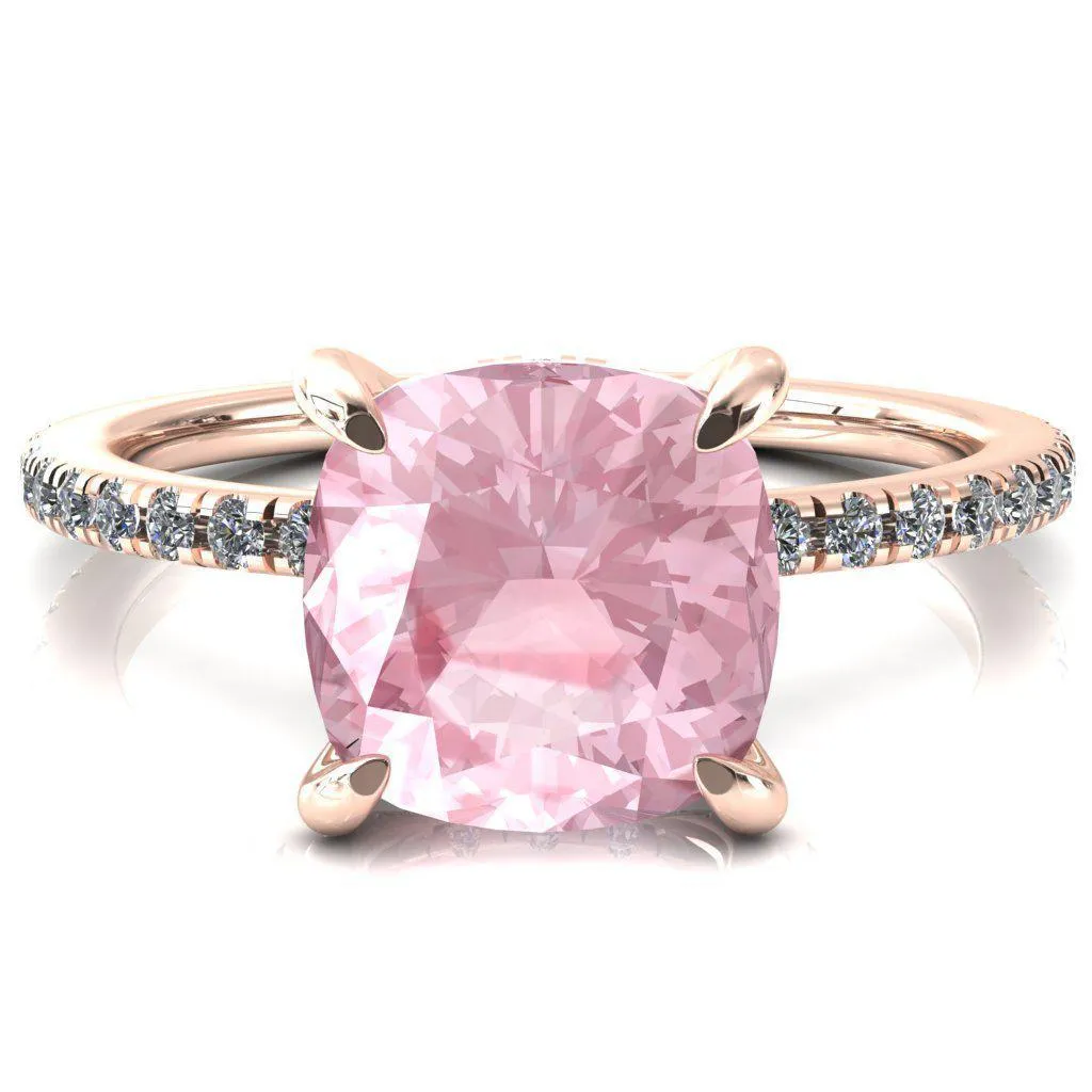 Ezili Cushion Pink Sapphire 4 Claw Prong Micro Pave Diamond Sides Engagement Ring