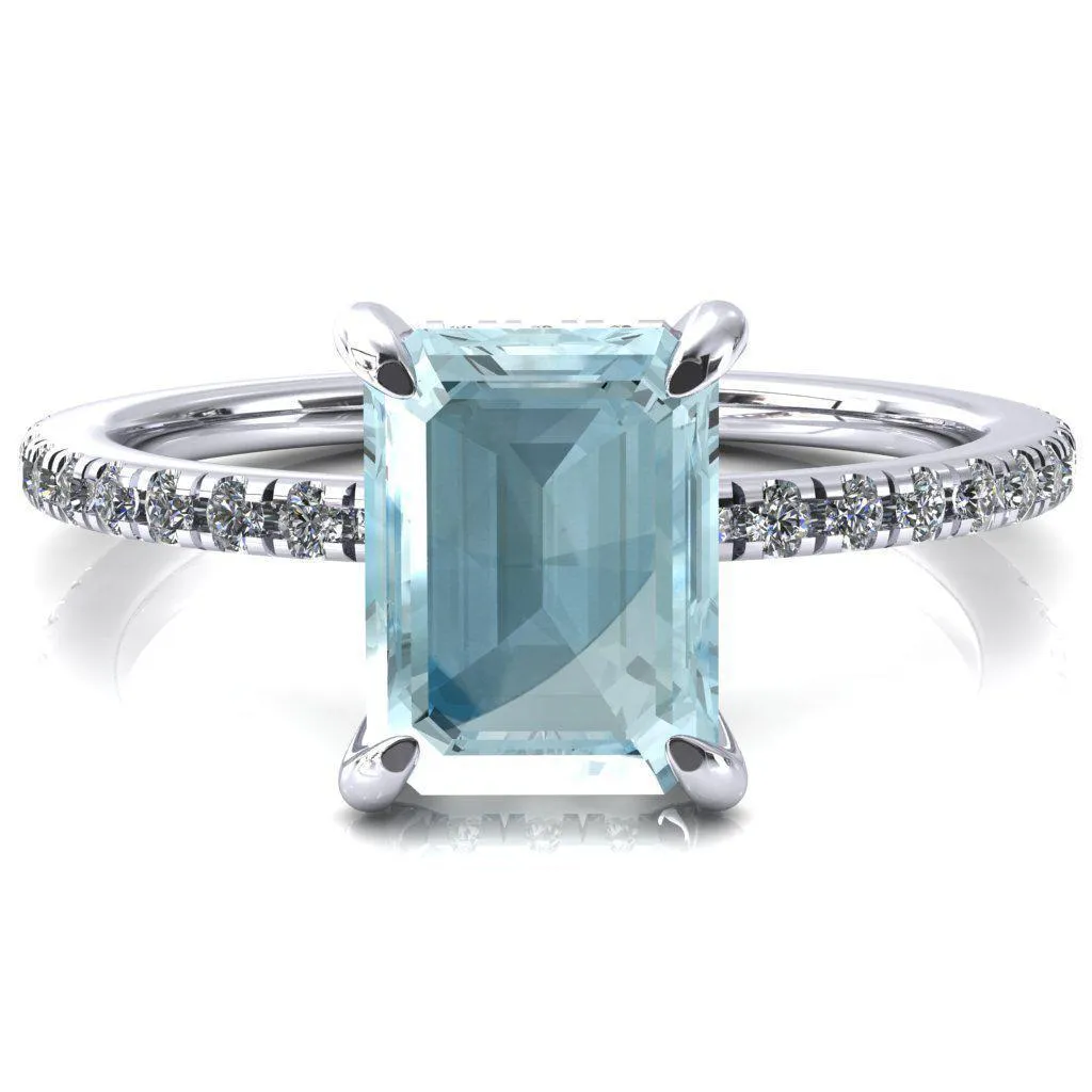 Ezili Emerald Aqua Blue Spinel 4 Claw Prong Micro Pave Diamond Sides Engagement Ring