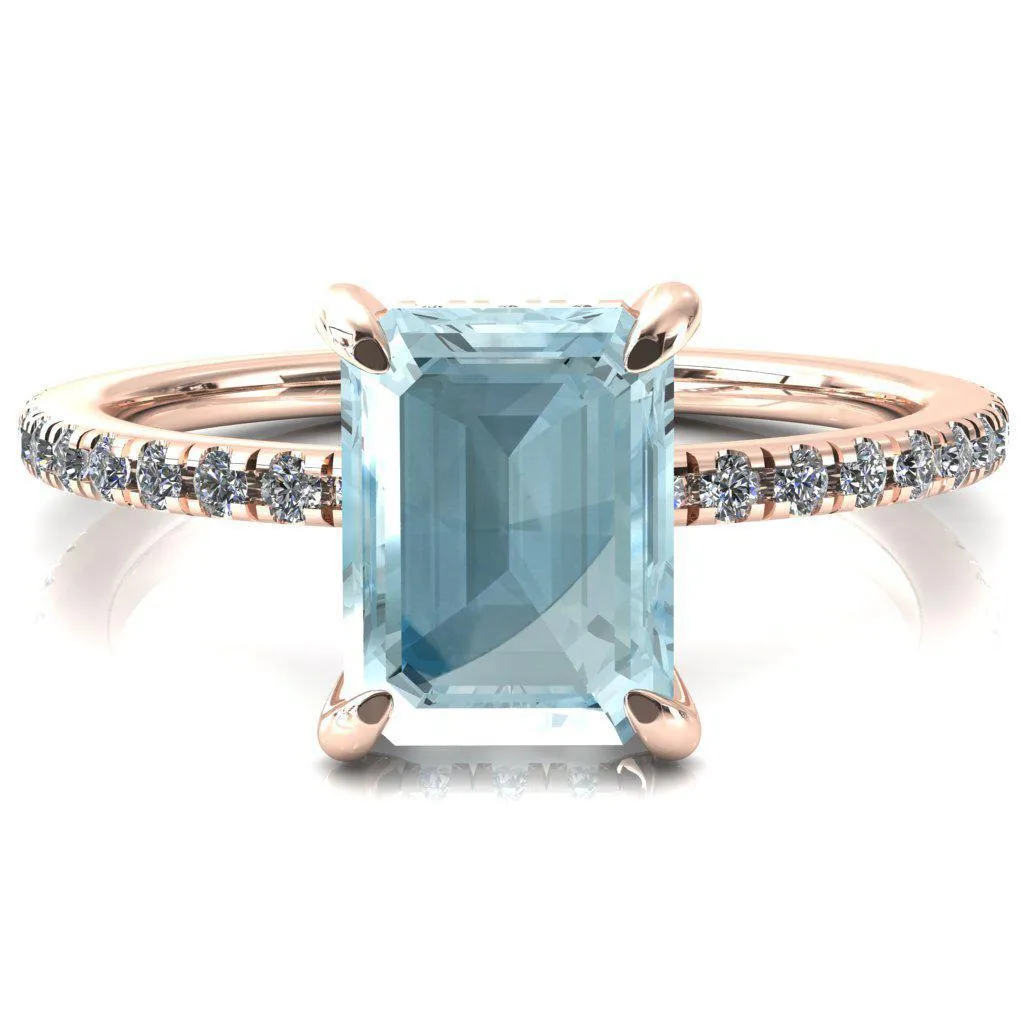 Ezili Emerald Aqua Blue Spinel 4 Claw Prong Micro Pave Diamond Sides Engagement Ring