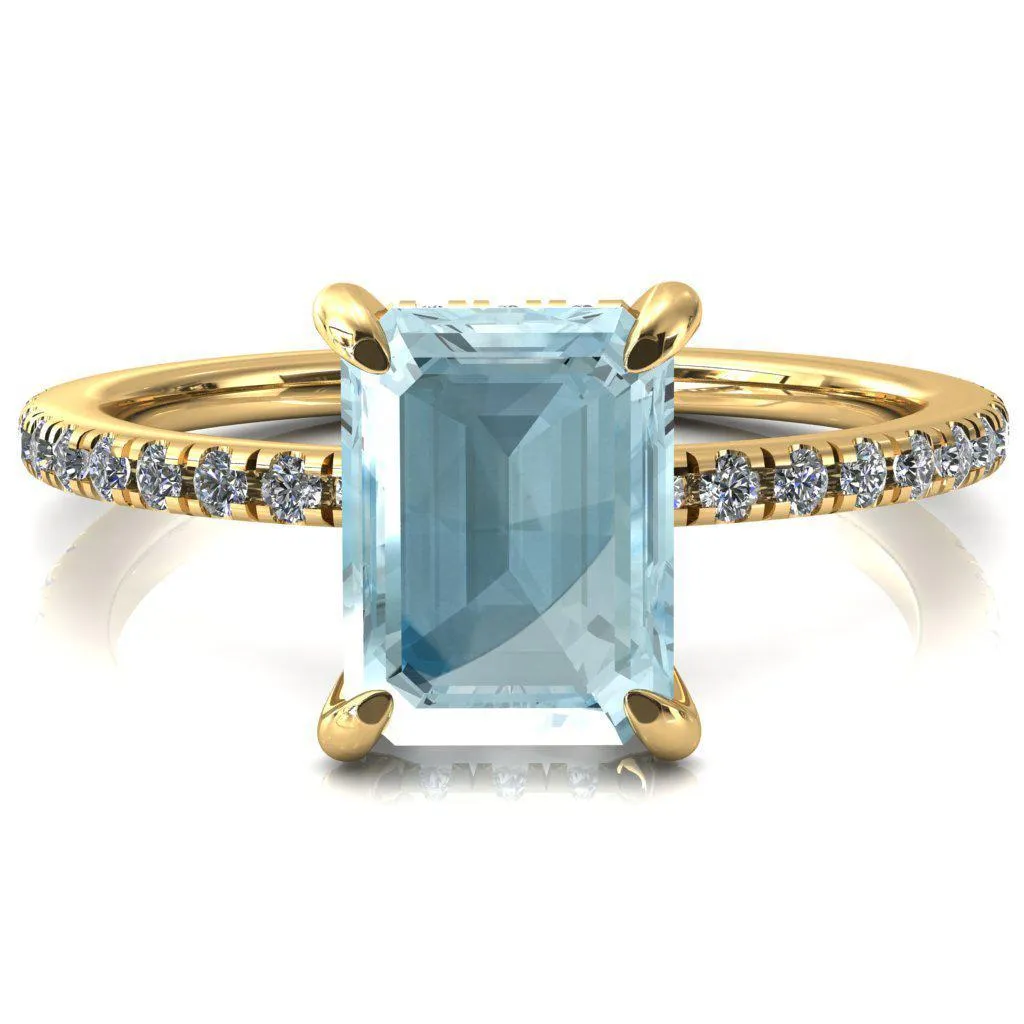 Ezili Emerald Aqua Blue Spinel 4 Claw Prong Micro Pave Diamond Sides Engagement Ring