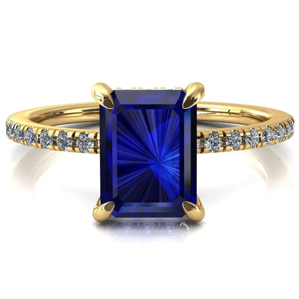 Ezili Emerald Blue Sapphire 4 Claw Prong Micro Pave Diamond Sides Engagement Ring