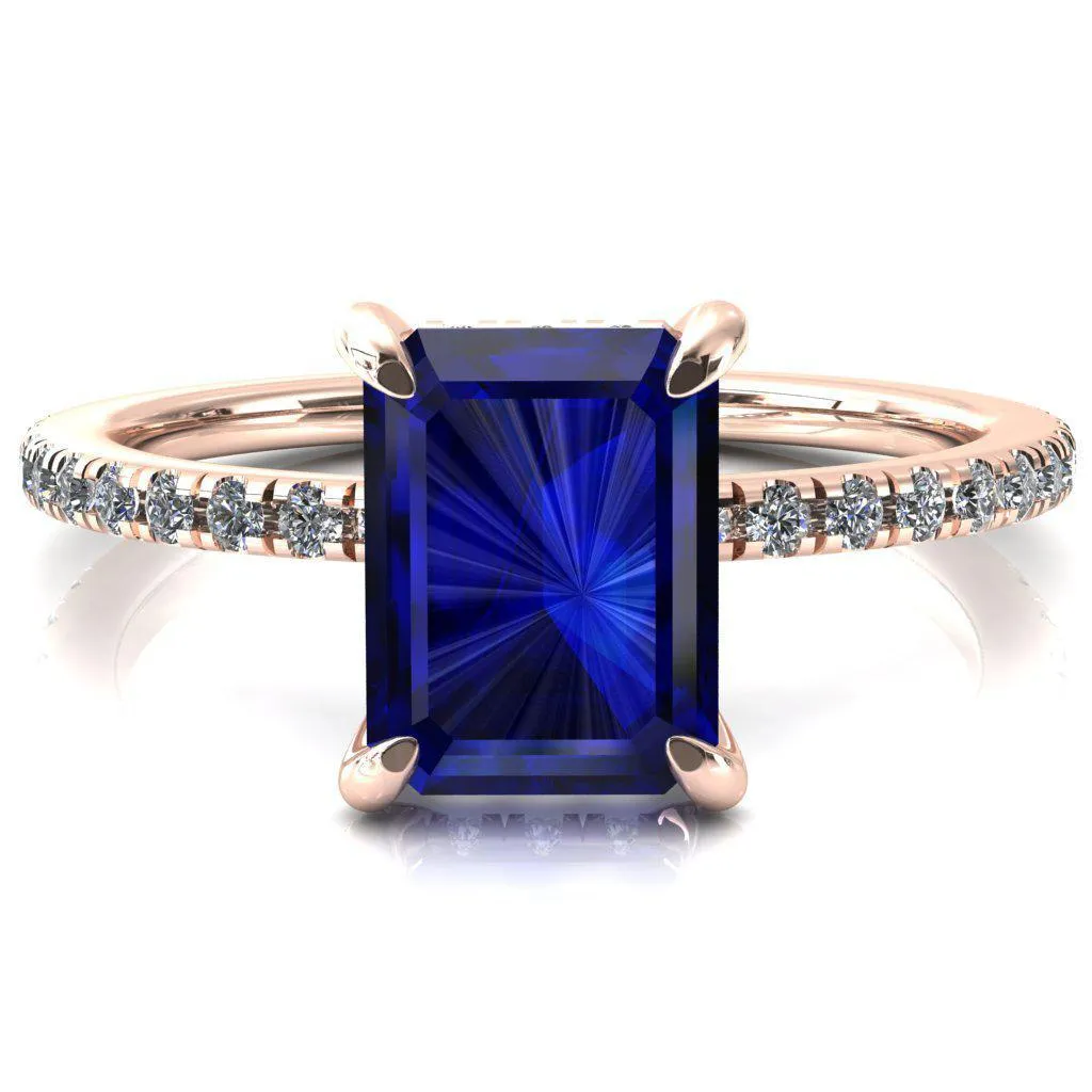 Ezili Emerald Blue Sapphire 4 Claw Prong Micro Pave Diamond Sides Engagement Ring