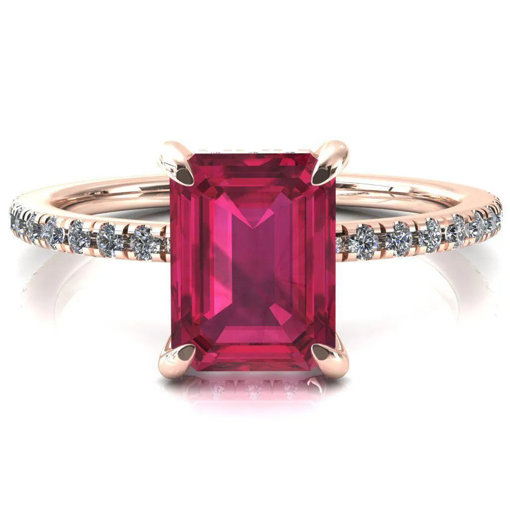 Ezili Emerald Ruby 4 Claw Prong Micro Pave Diamond Sides Engagement Ring