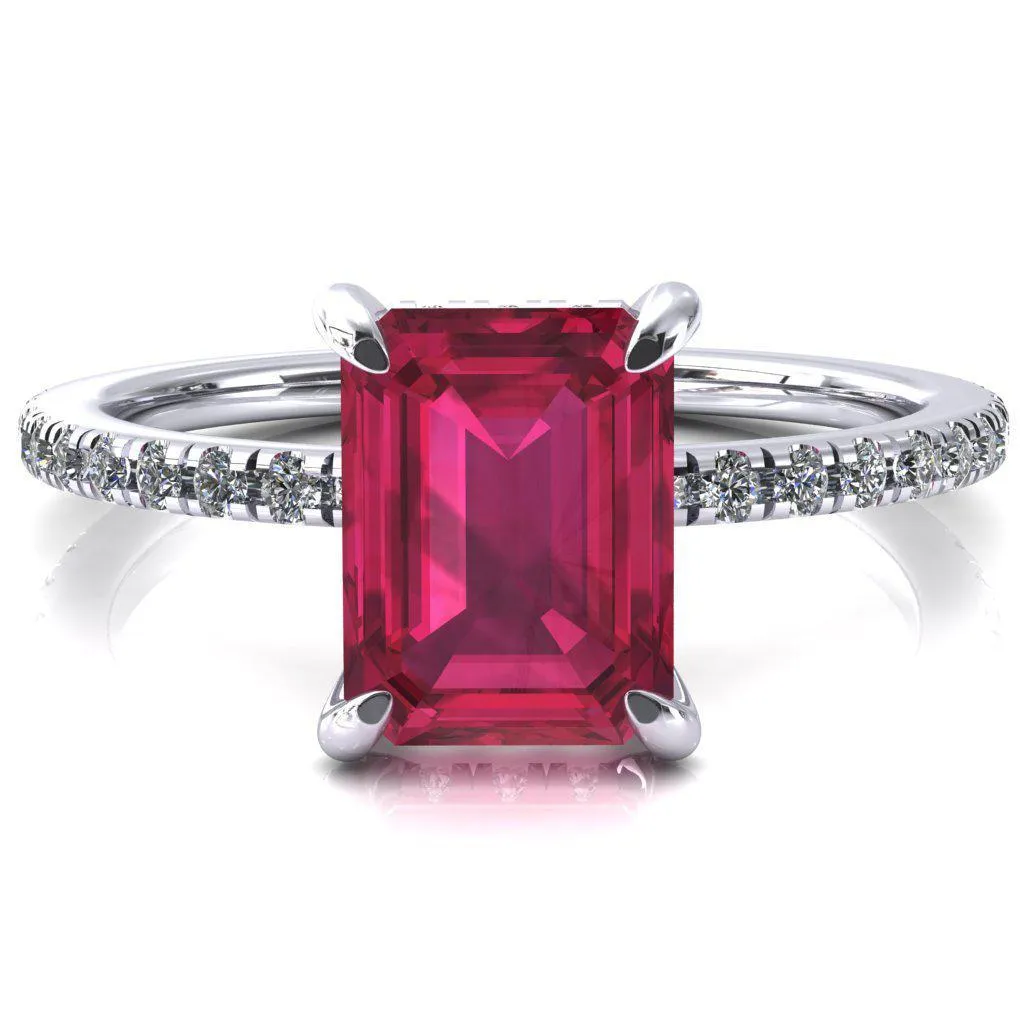 Ezili Emerald Ruby 4 Claw Prong Micro Pave Diamond Sides Engagement Ring