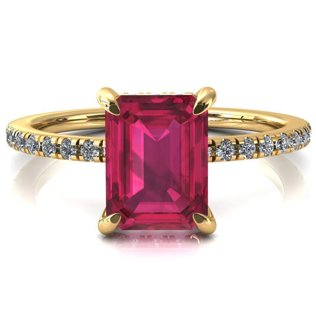 Ezili Emerald Ruby 4 Claw Prong Micro Pave Diamond Sides Engagement Ring