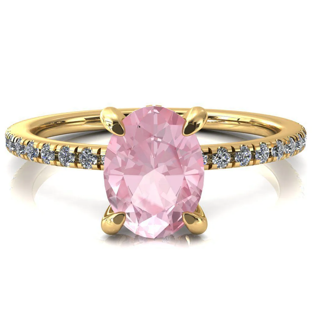 Ezili Oval Pink Sapphire 4 Claw Prong Micro Pave Diamond Sides Engagement Ring