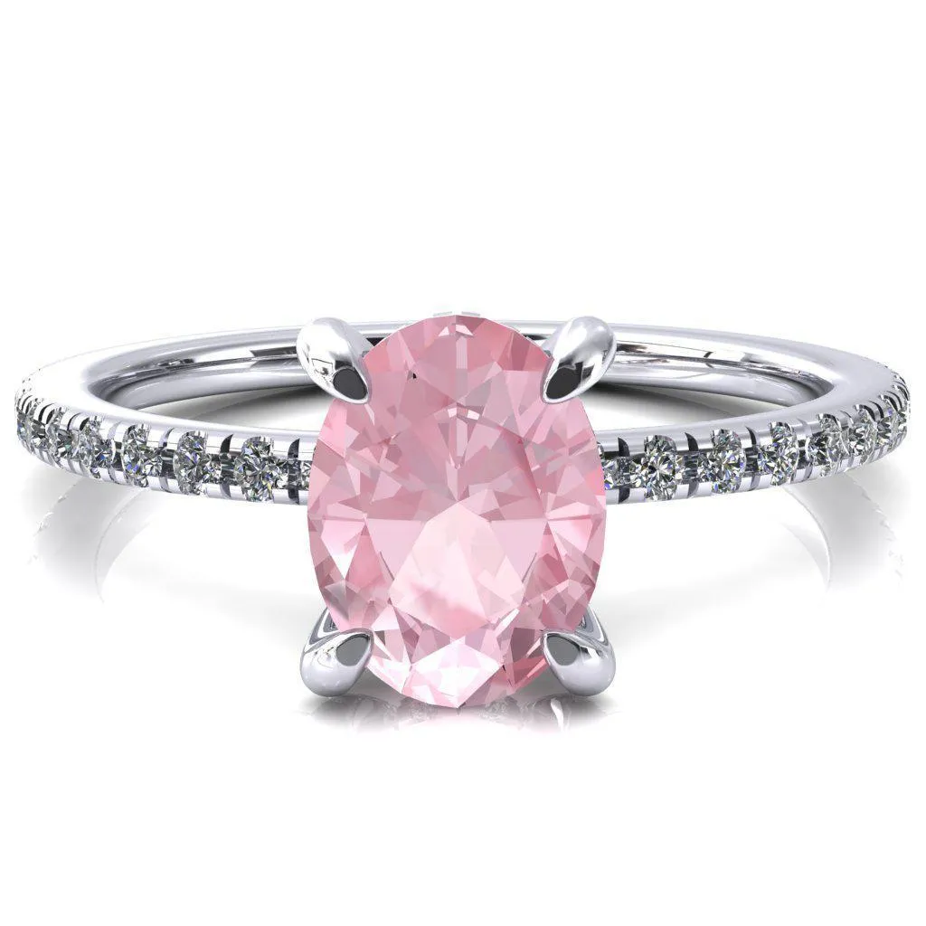 Ezili Oval Pink Sapphire 4 Claw Prong Micro Pave Diamond Sides Engagement Ring