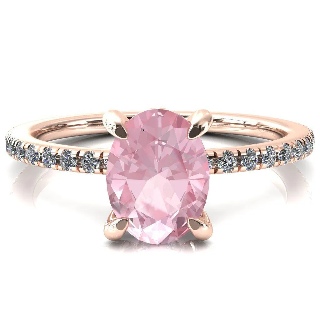 Ezili Oval Pink Sapphire 4 Claw Prong Micro Pave Diamond Sides Engagement Ring