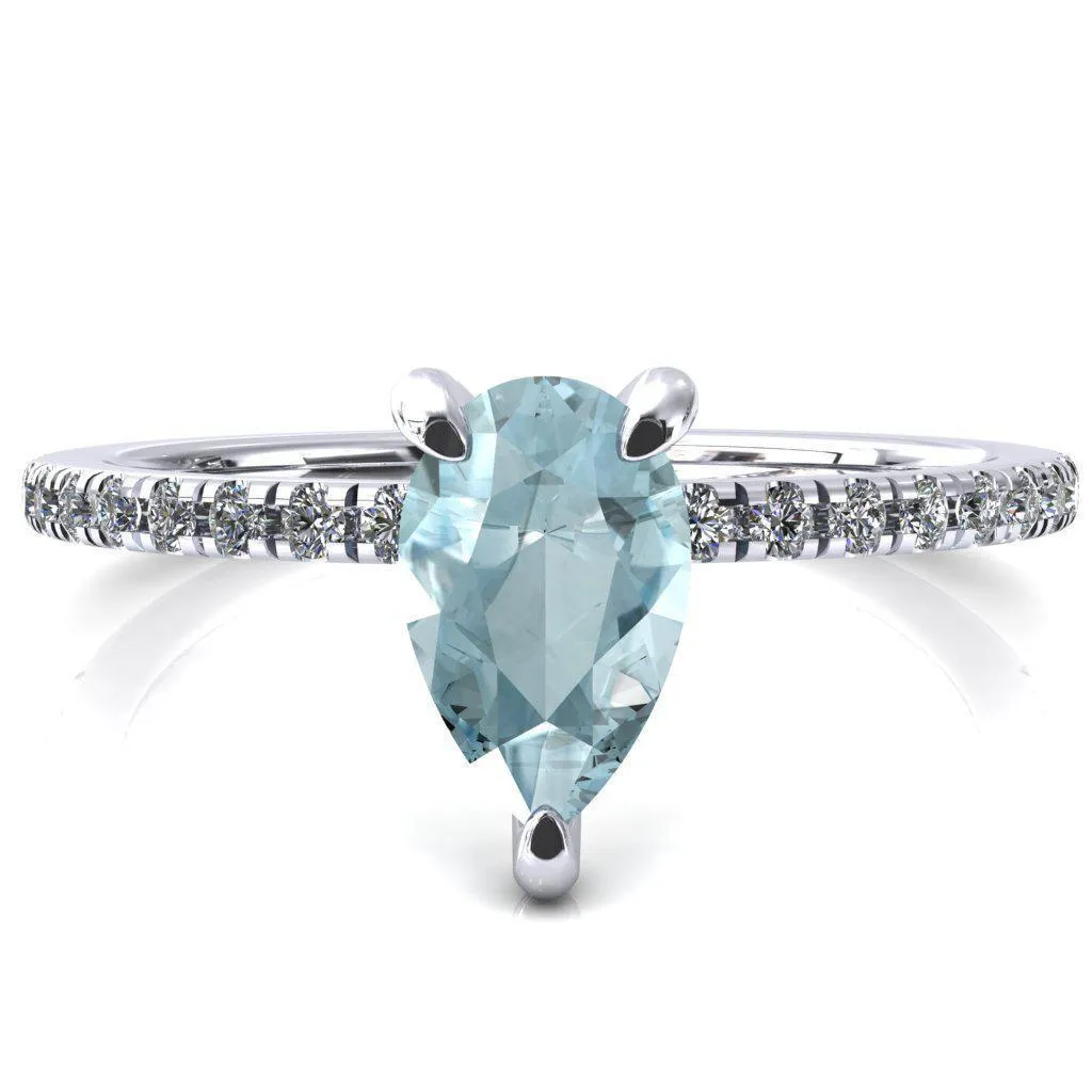 Ezili Pear Aqua Blue Spinel 3 Claw Prong Micro Pave Diamond Sides Engagement Ring