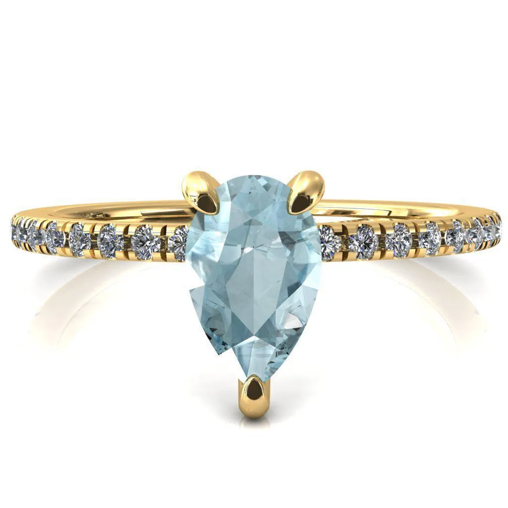 Ezili Pear Aqua Blue Spinel 3 Claw Prong Micro Pave Diamond Sides Engagement Ring