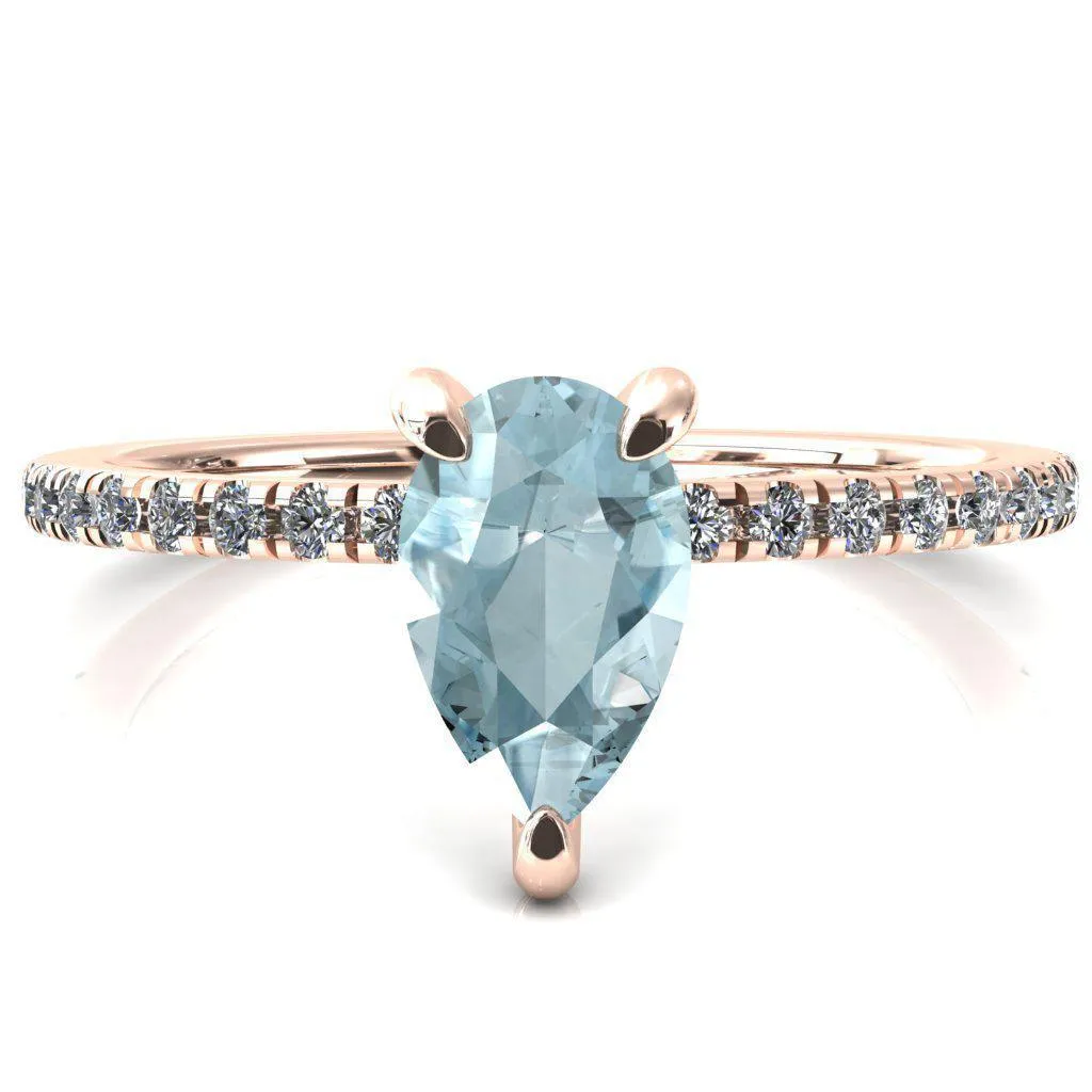 Ezili Pear Aqua Blue Spinel 3 Claw Prong Micro Pave Diamond Sides Engagement Ring