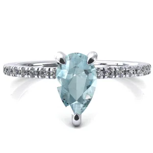 Ezili Pear Aqua Blue Spinel 3 Claw Prong Micro Pave Diamond Sides Engagement Ring