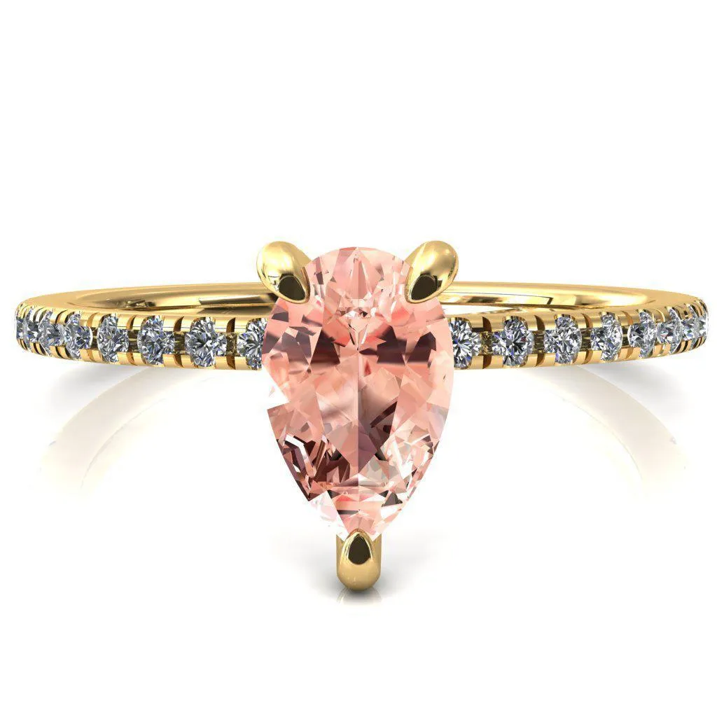 Ezili Pear Champagne Sapphire 3 Claw Prong Micro Pave Diamond Sides Engagement Ring