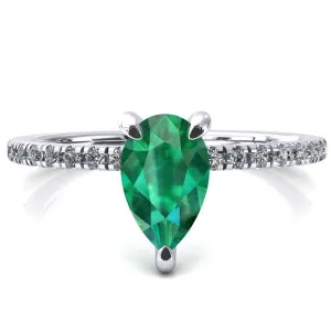 Ezili Pear Emerald 3 Claw Prong Micro Pave Diamond Sides Engagement Ring