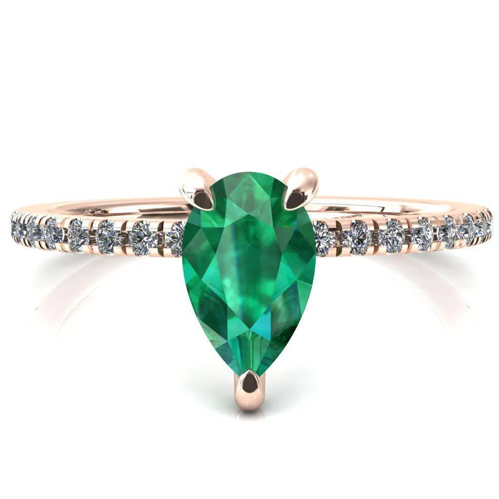 Ezili Pear Emerald 3 Claw Prong Micro Pave Diamond Sides Engagement Ring