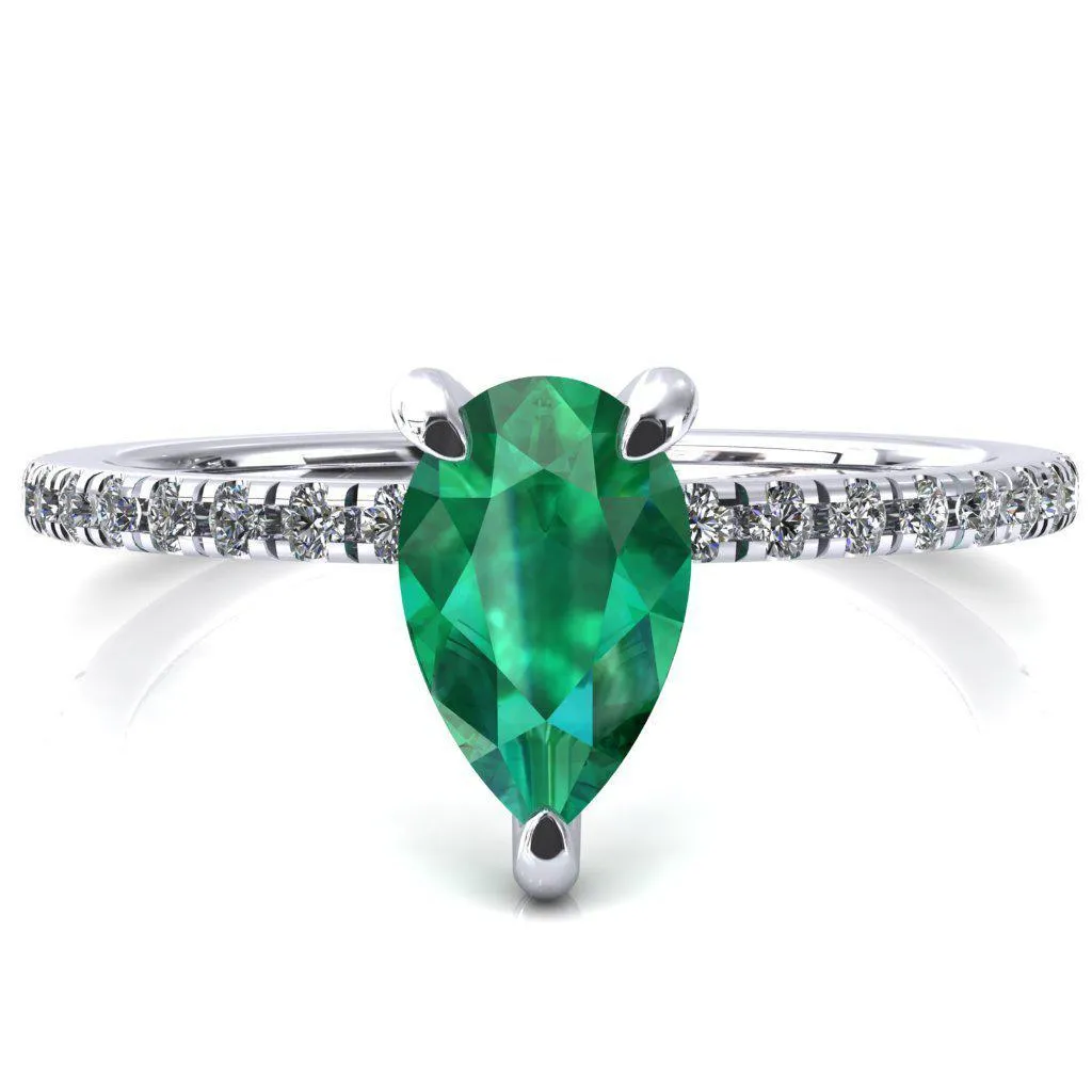 Ezili Pear Emerald 3 Claw Prong Micro Pave Diamond Sides Engagement Ring