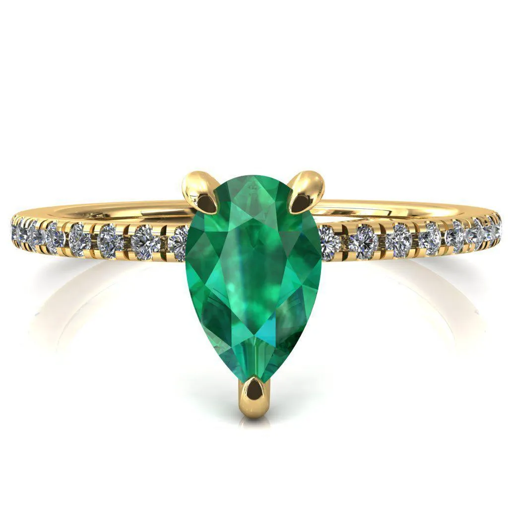 Ezili Pear Emerald 3 Claw Prong Micro Pave Diamond Sides Engagement Ring