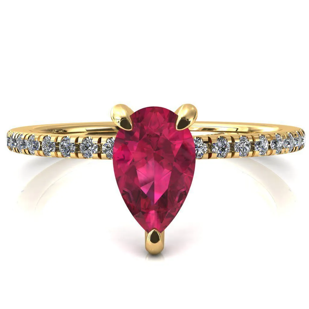 Ezili Pear Ruby 3 Claw Prong Micro Pave Diamond Sides Engagement Ring