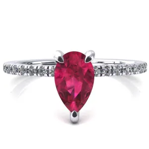 Ezili Pear Ruby 3 Claw Prong Micro Pave Diamond Sides Engagement Ring