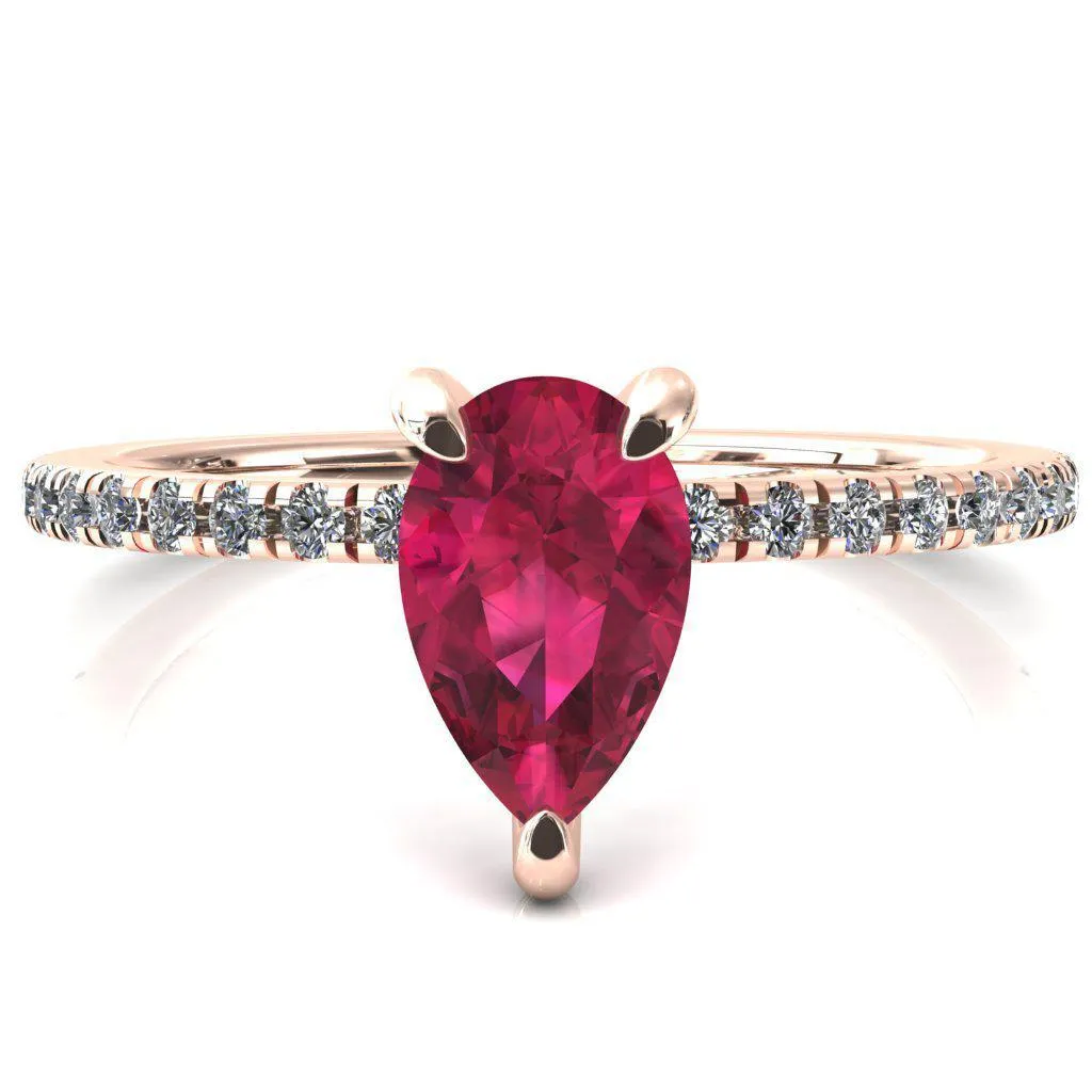 Ezili Pear Ruby 3 Claw Prong Micro Pave Diamond Sides Engagement Ring