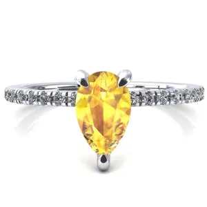 Ezili Pear Yellow Sapphire 3 Claw Prong Micro Pave Diamond Sides Engagement Ring