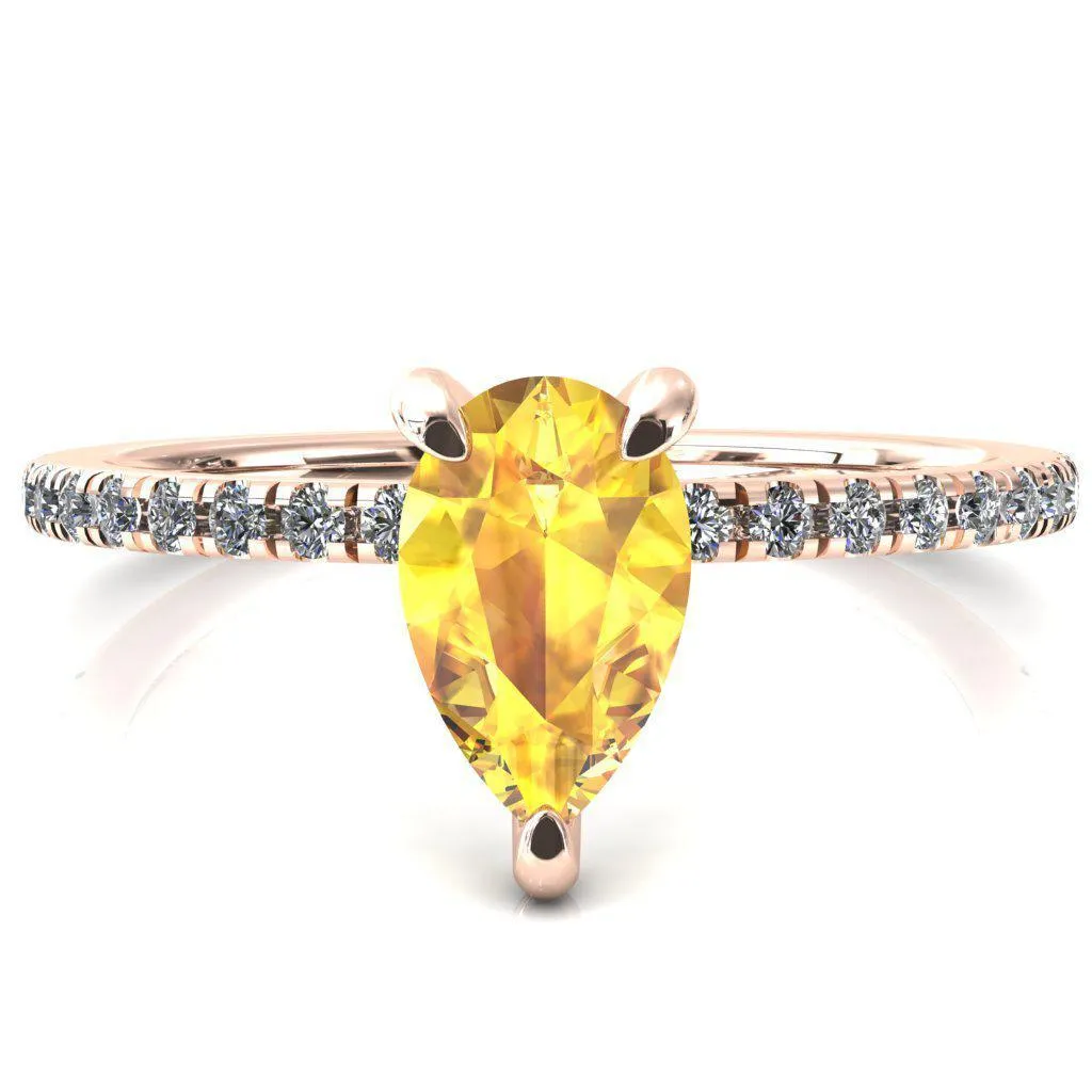 Ezili Pear Yellow Sapphire 3 Claw Prong Micro Pave Diamond Sides Engagement Ring