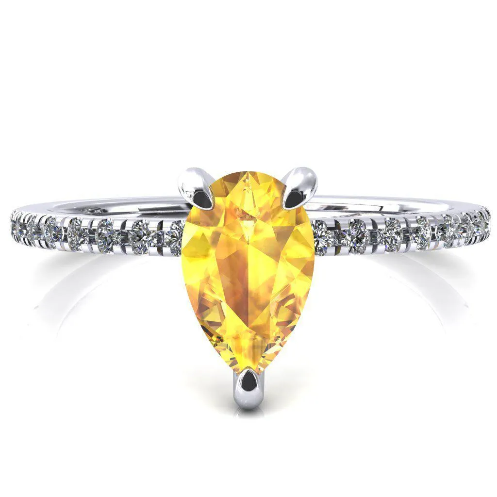 Ezili Pear Yellow Sapphire 3 Claw Prong Micro Pave Diamond Sides Engagement Ring
