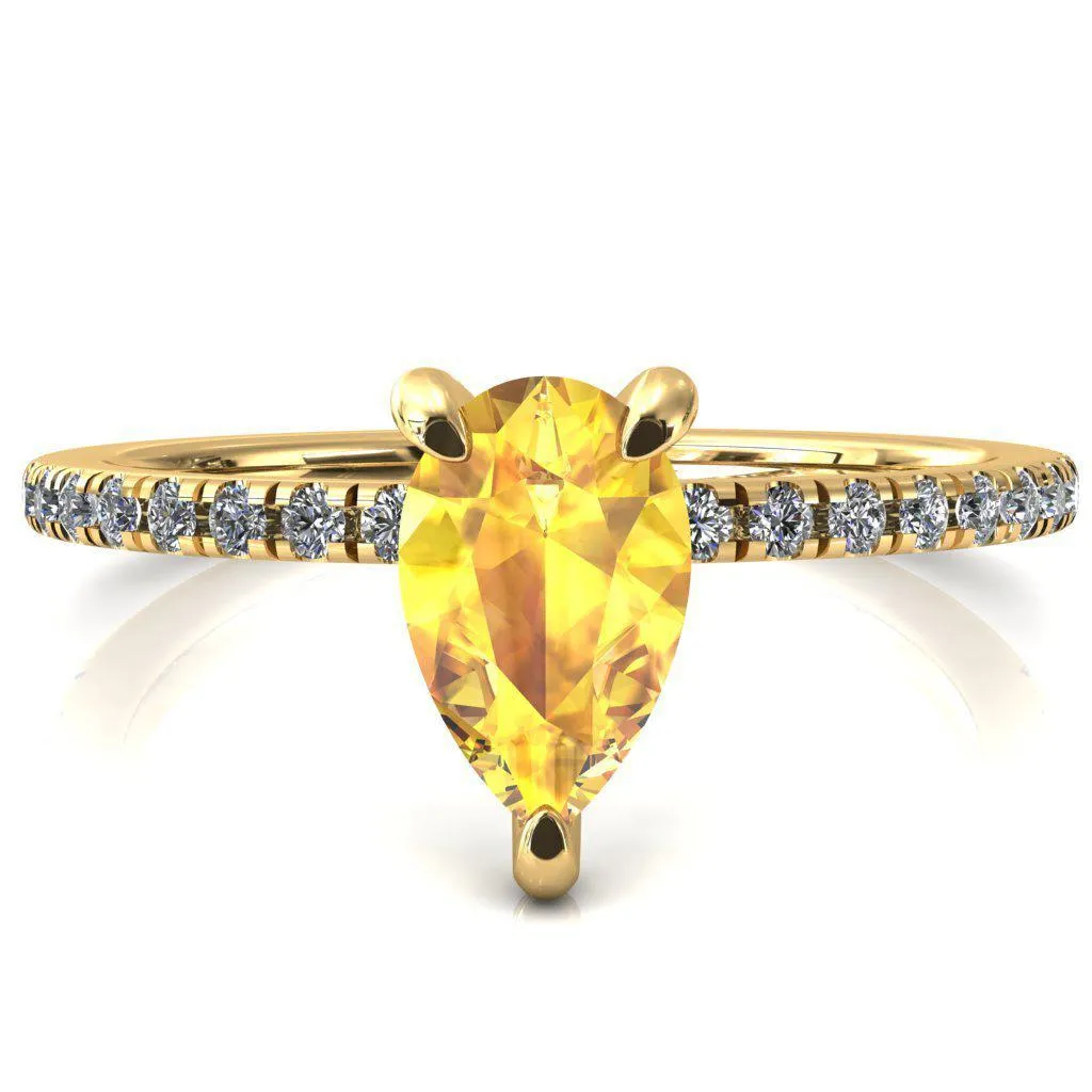 Ezili Pear Yellow Sapphire 3 Claw Prong Micro Pave Diamond Sides Engagement Ring