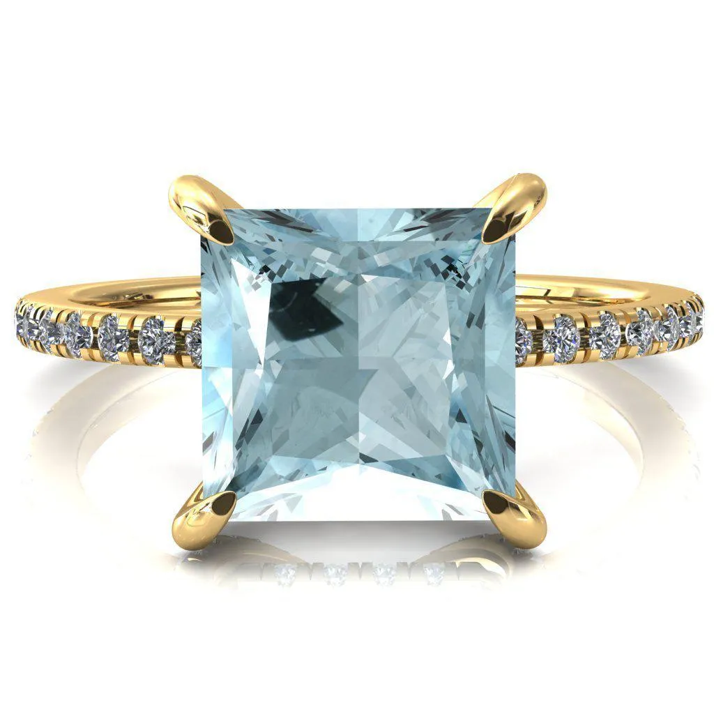 Ezili Princess Aqua Blue Spinel 4 Claw Prong Micro Pave Diamond Sides Engagement Ring