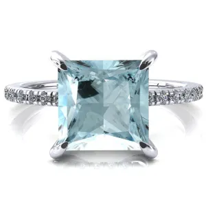 Ezili Princess Aqua Blue Spinel 4 Claw Prong Micro Pave Diamond Sides Engagement Ring