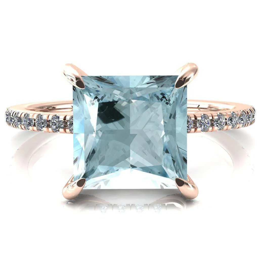 Ezili Princess Aqua Blue Spinel 4 Claw Prong Micro Pave Diamond Sides Engagement Ring