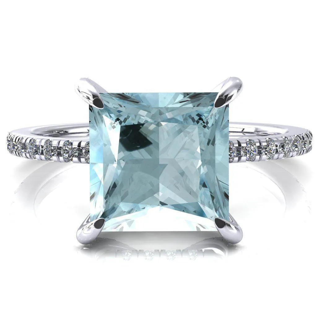 Ezili Princess Aqua Blue Spinel 4 Claw Prong Micro Pave Diamond Sides Engagement Ring