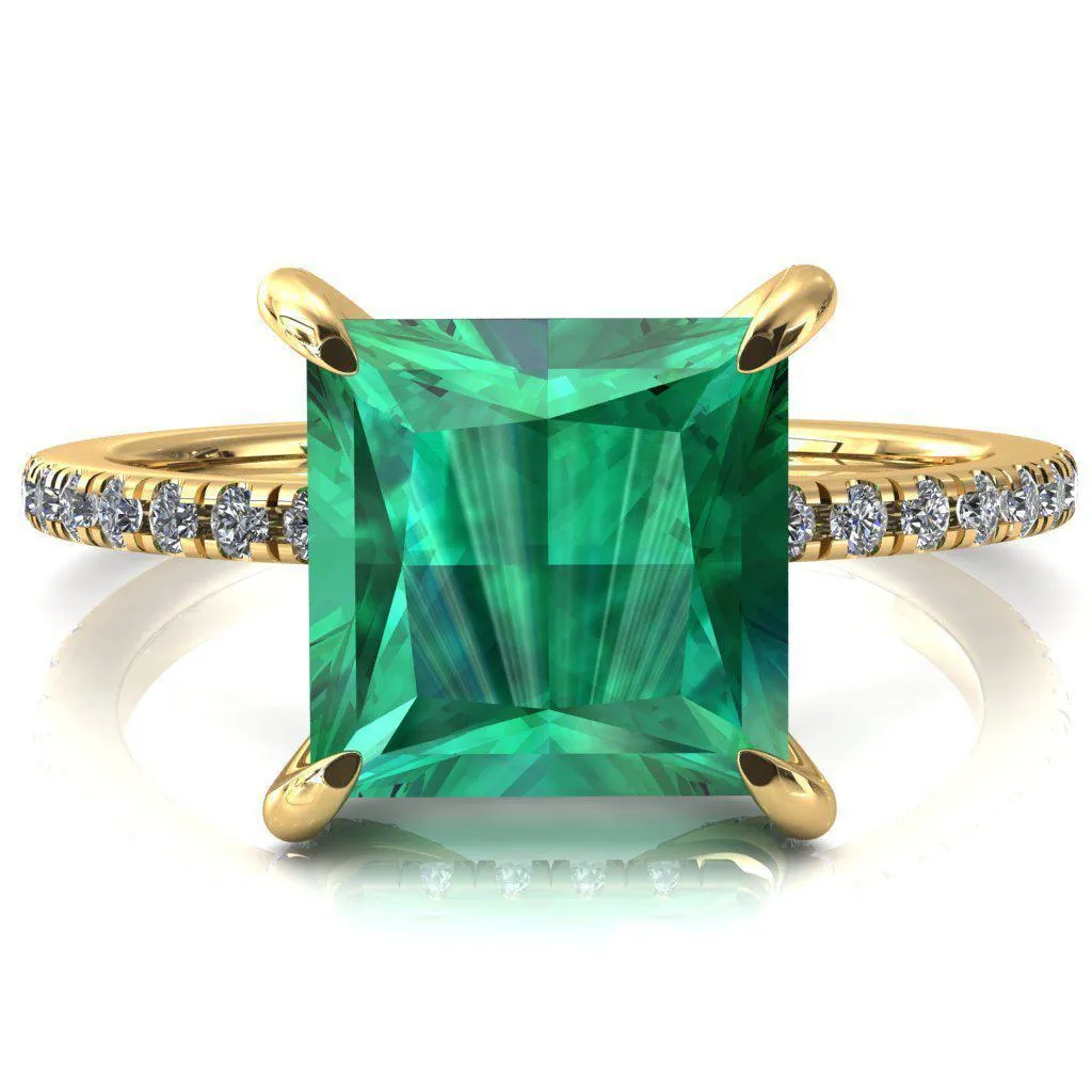 Ezili Princess Emerald 4 Claw Prong Micro Pave Diamond Sides Engagement Ring