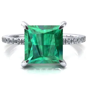Ezili Princess Emerald 4 Claw Prong Micro Pave Diamond Sides Engagement Ring