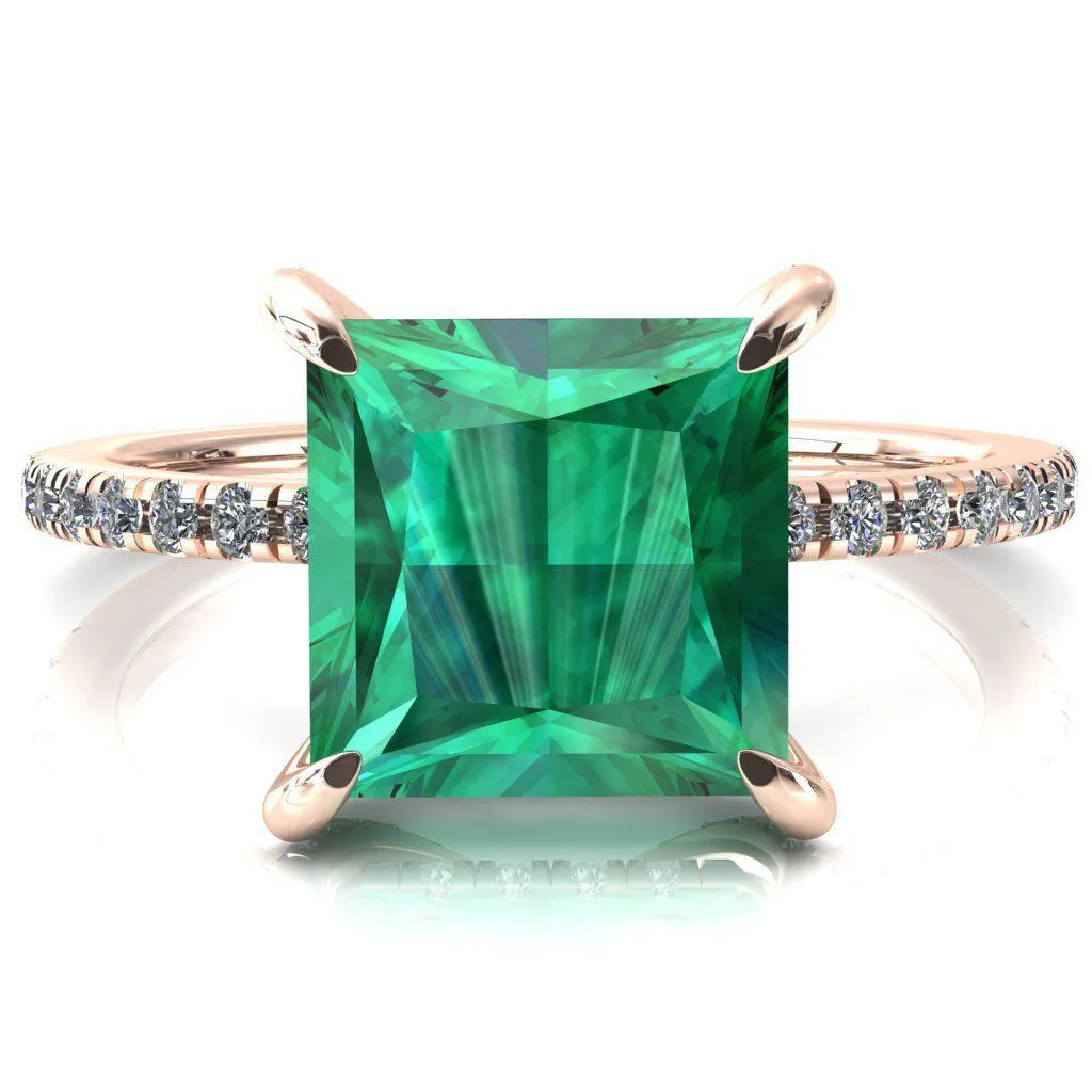 Ezili Princess Emerald 4 Claw Prong Micro Pave Diamond Sides Engagement Ring