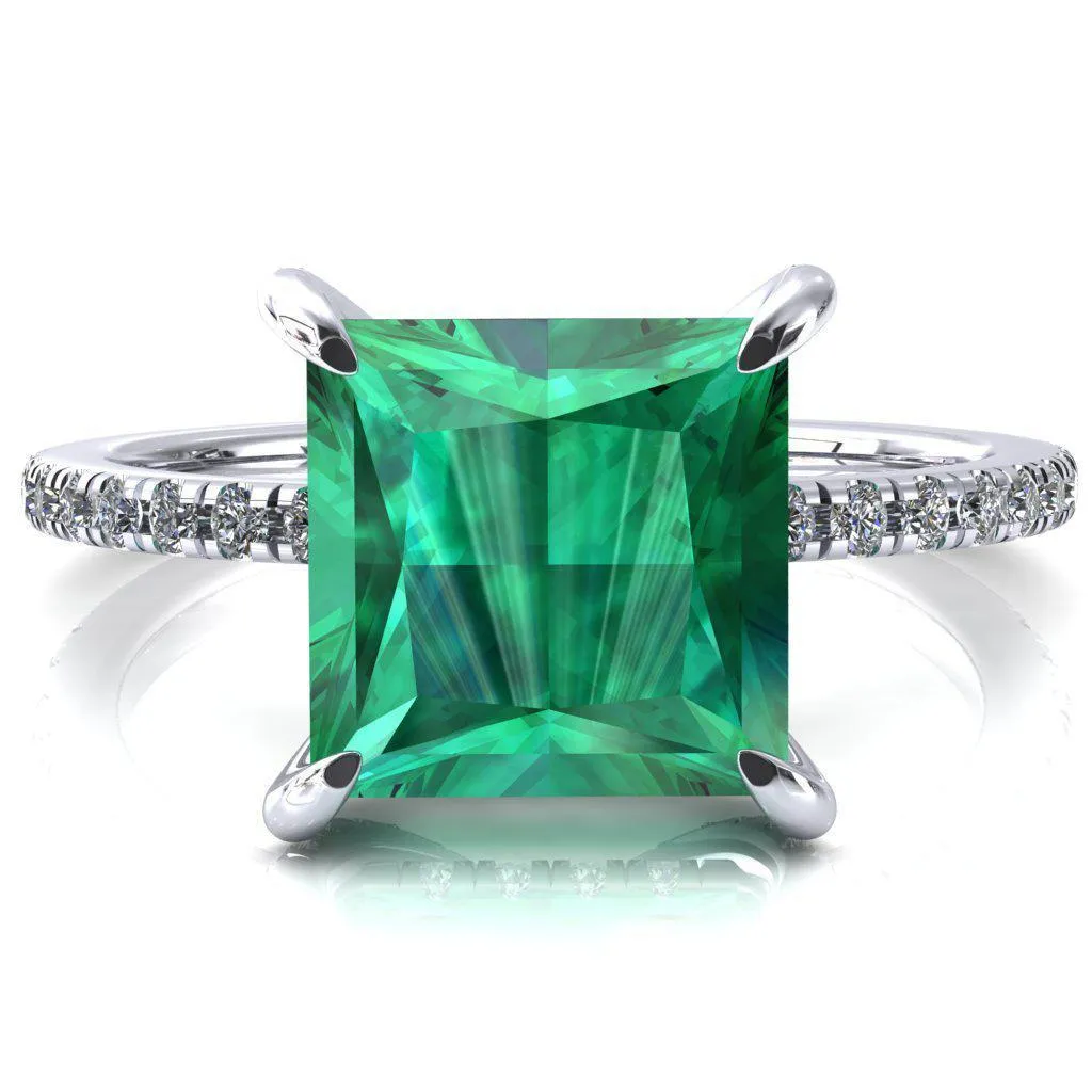 Ezili Princess Emerald 4 Claw Prong Micro Pave Diamond Sides Engagement Ring