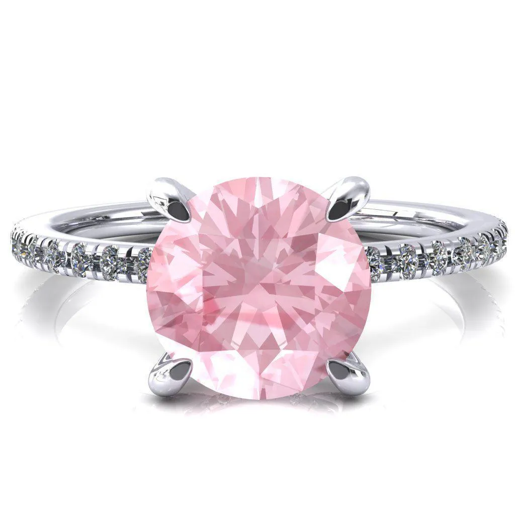 Ezili Round Pink Sapphire 4 Claw Prong Micro Pave Diamond Sides Engagement Ring