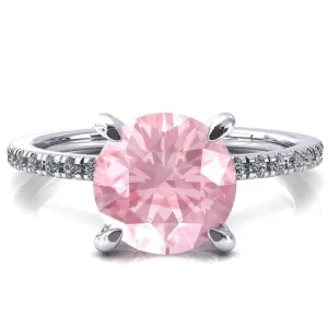 Ezili Round Pink Sapphire 4 Claw Prong Micro Pave Diamond Sides Engagement Ring