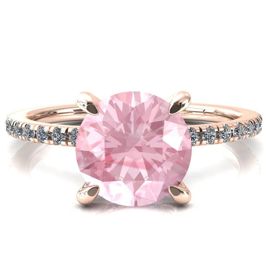 Ezili Round Pink Sapphire 4 Claw Prong Micro Pave Diamond Sides Engagement Ring