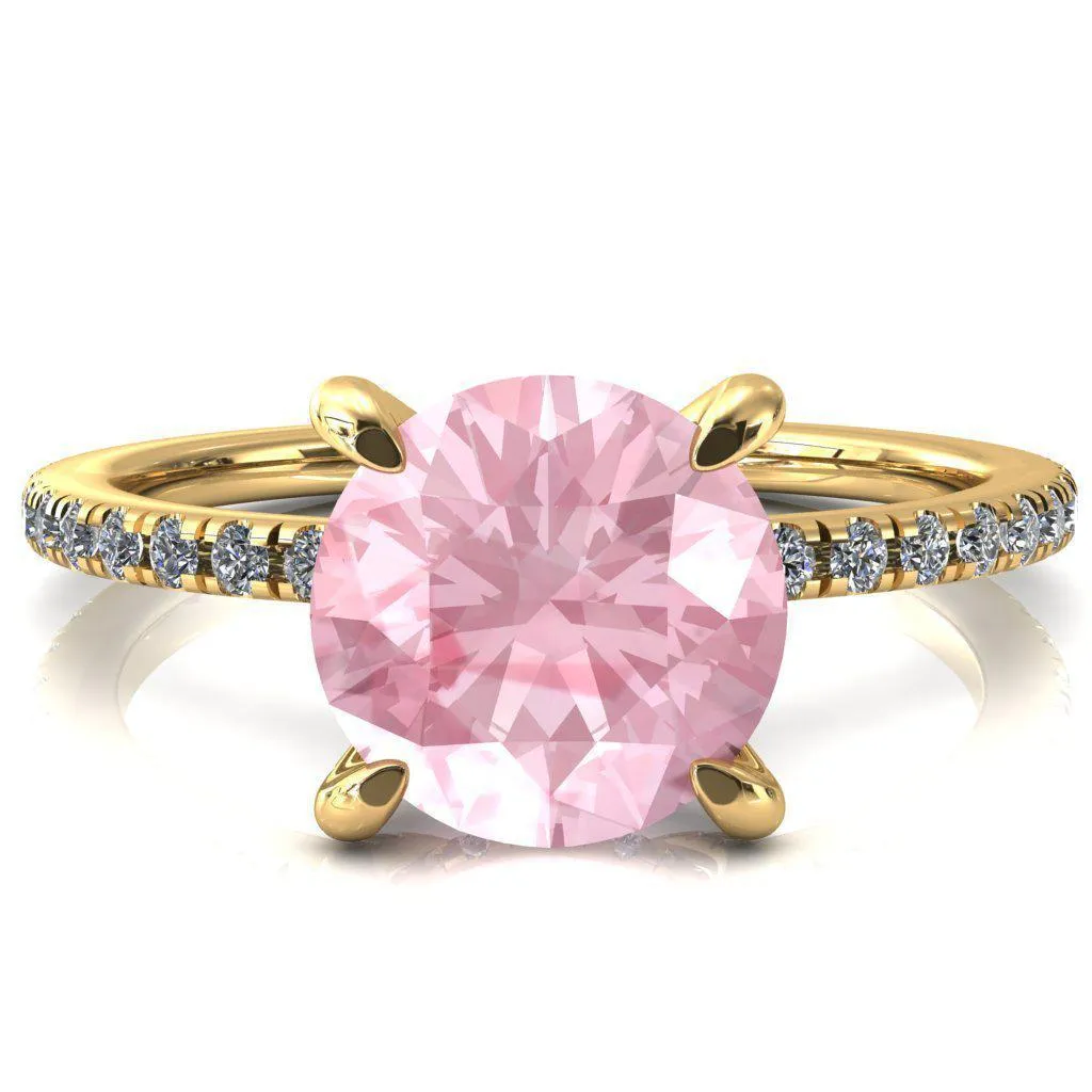 Ezili Round Pink Sapphire 4 Claw Prong Micro Pave Diamond Sides Engagement Ring