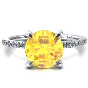 Ezili Round Yellow Sapphire 4 Claw Prong Micro Pave Diamond Sides Engagement Ring