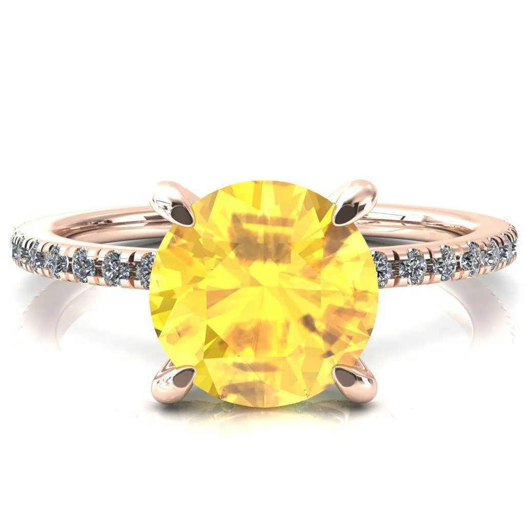 Ezili Round Yellow Sapphire 4 Claw Prong Micro Pave Diamond Sides Engagement Ring