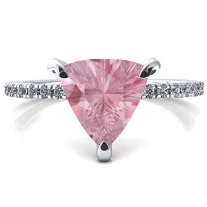 Ezili Trillion Pink Sapphire 3 Claw Prong Micro Pave Diamond Sides Engagement Ring