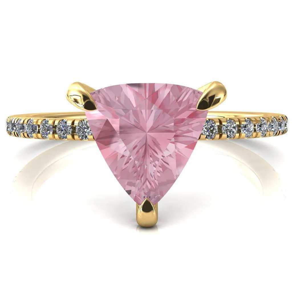 Ezili Trillion Pink Sapphire 3 Claw Prong Micro Pave Diamond Sides Engagement Ring