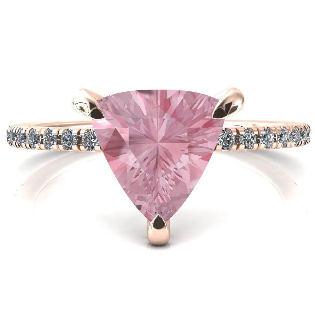 Ezili Trillion Pink Sapphire 3 Claw Prong Micro Pave Diamond Sides Engagement Ring