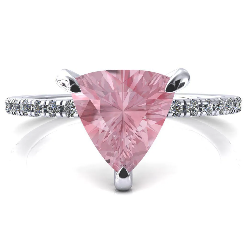 Ezili Trillion Pink Sapphire 3 Claw Prong Micro Pave Diamond Sides Engagement Ring