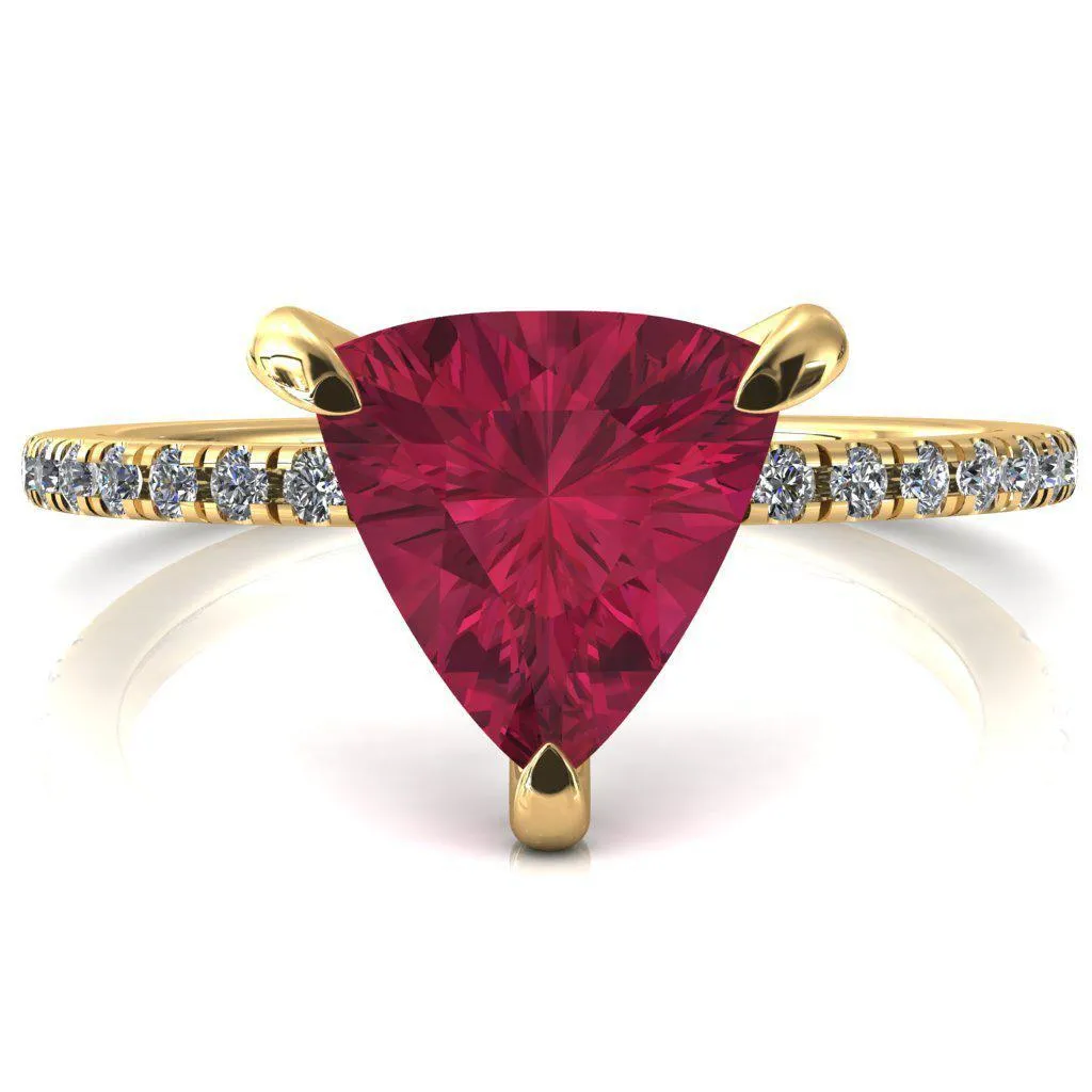 Ezili Trillion Ruby 3 Claw Prong Micro Pave Diamond Sides Engagement Ring