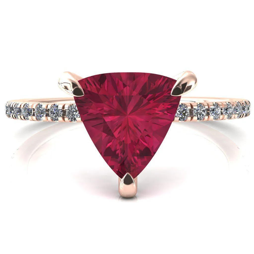 Ezili Trillion Ruby 3 Claw Prong Micro Pave Diamond Sides Engagement Ring