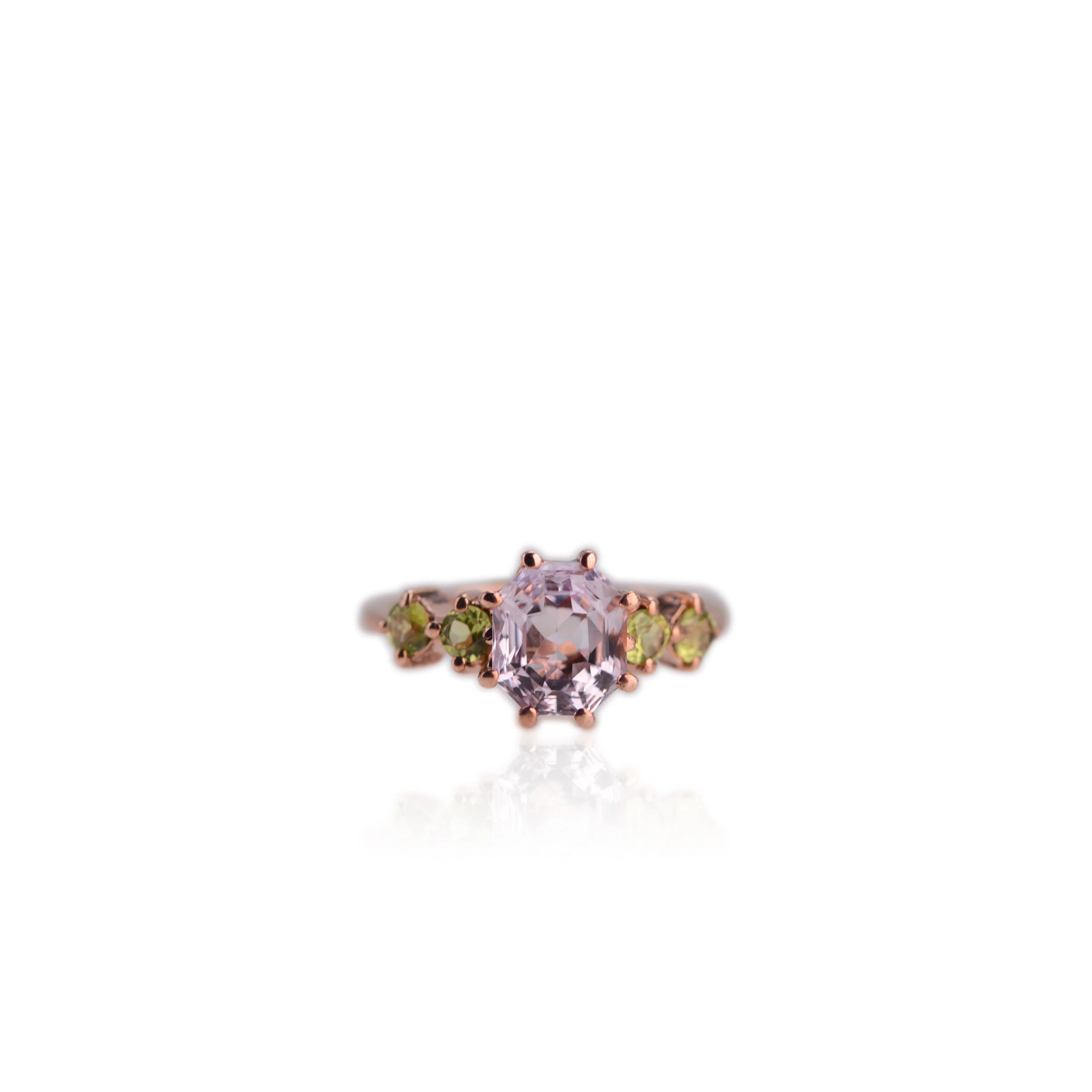 Handmade 7 x 8 mm. Octagon Cut Light Purple Brazilian Amethyst and Peridot Cluster Ring