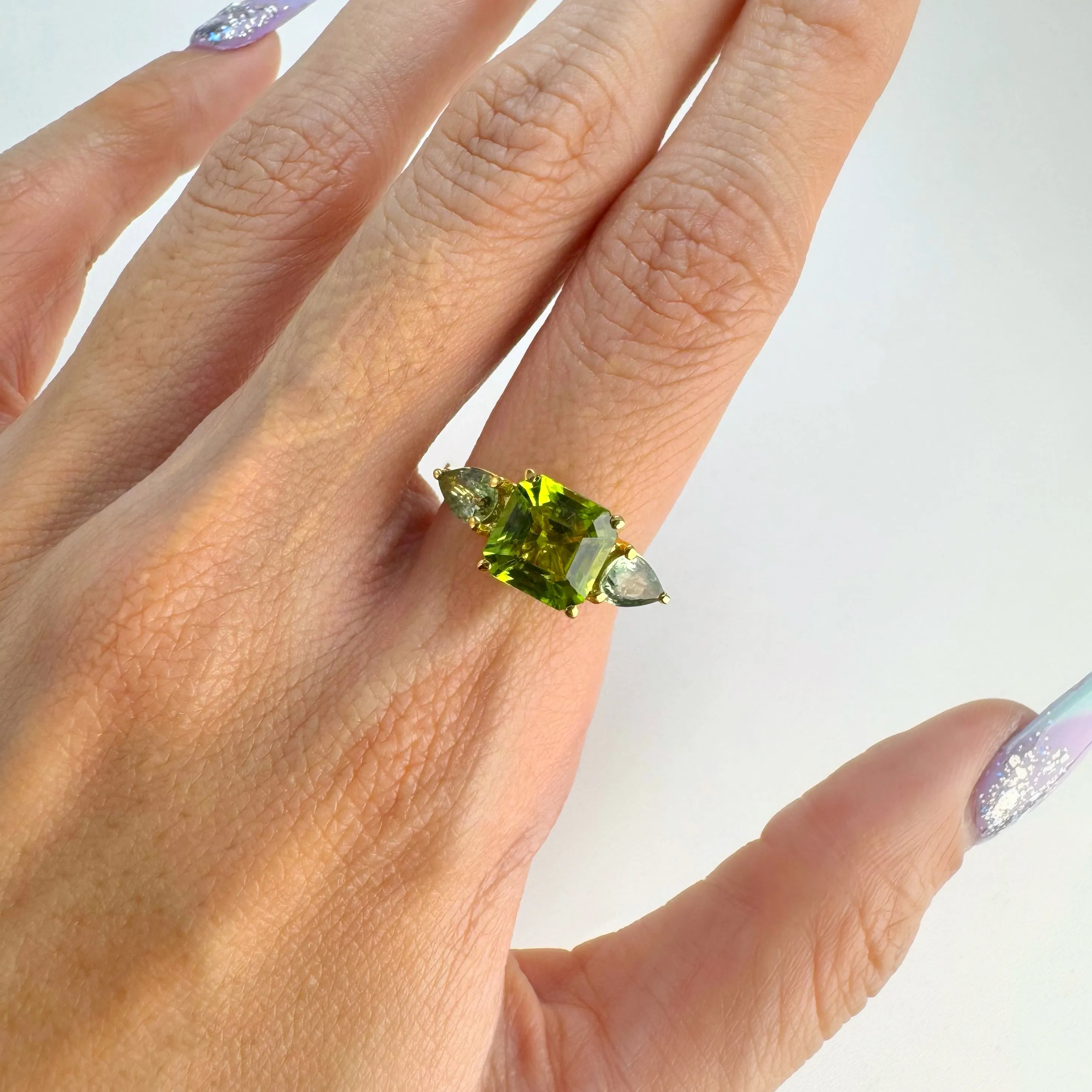 Handmade 8 mm. Octagon Cut Green Pakistani Peridot and Sapphire Trilogy Ring